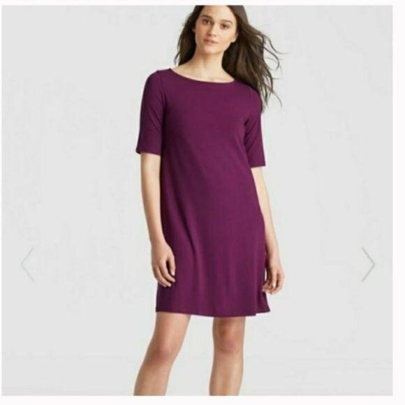 Eileen Fisher PP Purple Dress Elbow Sleeve Petite XS Stretch Jersey Knit - Picture 1 of 6